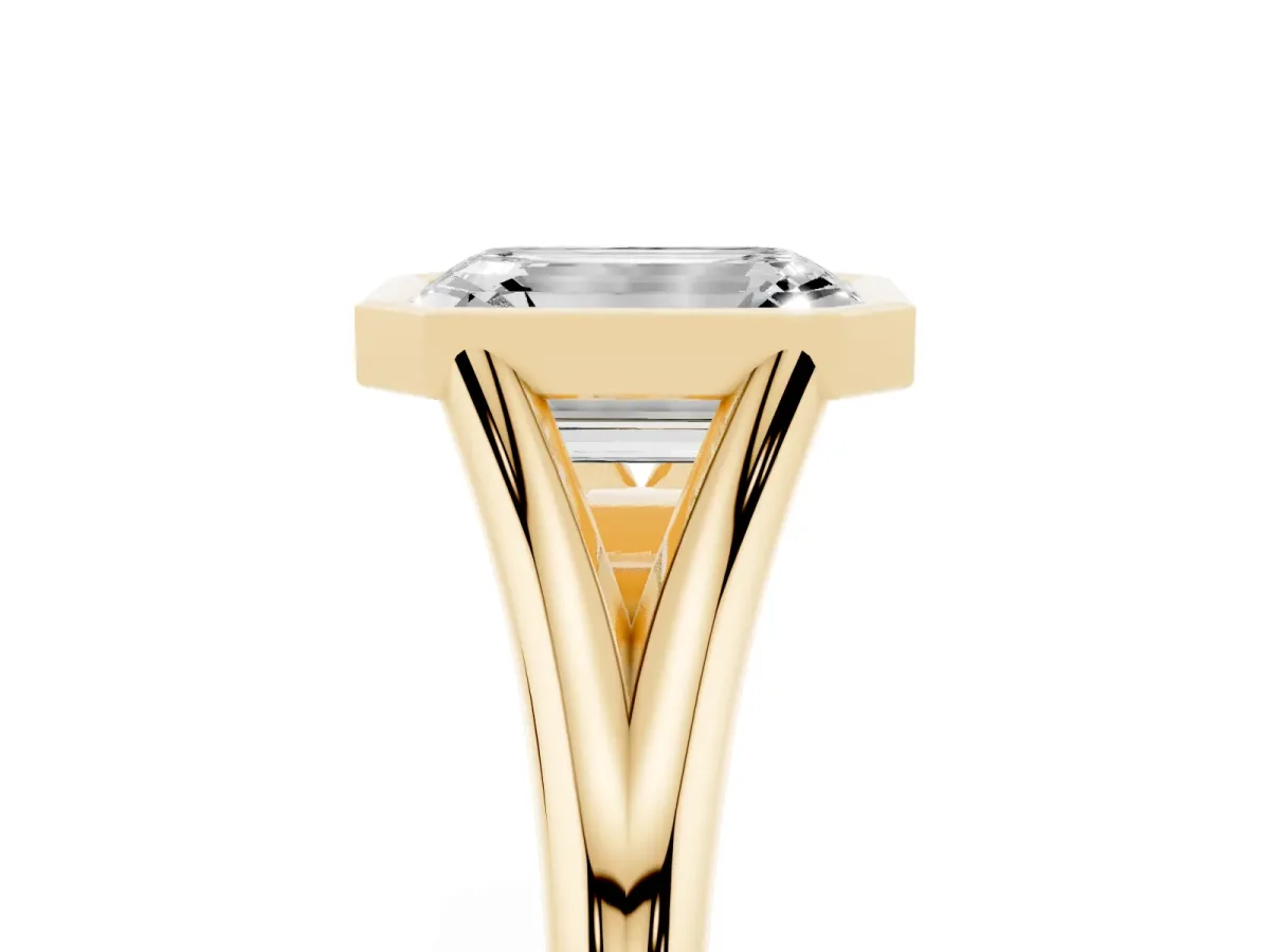 Bezel Set Emerald Cut Cut Solitaire Ring with Tapered Band Yellow gold