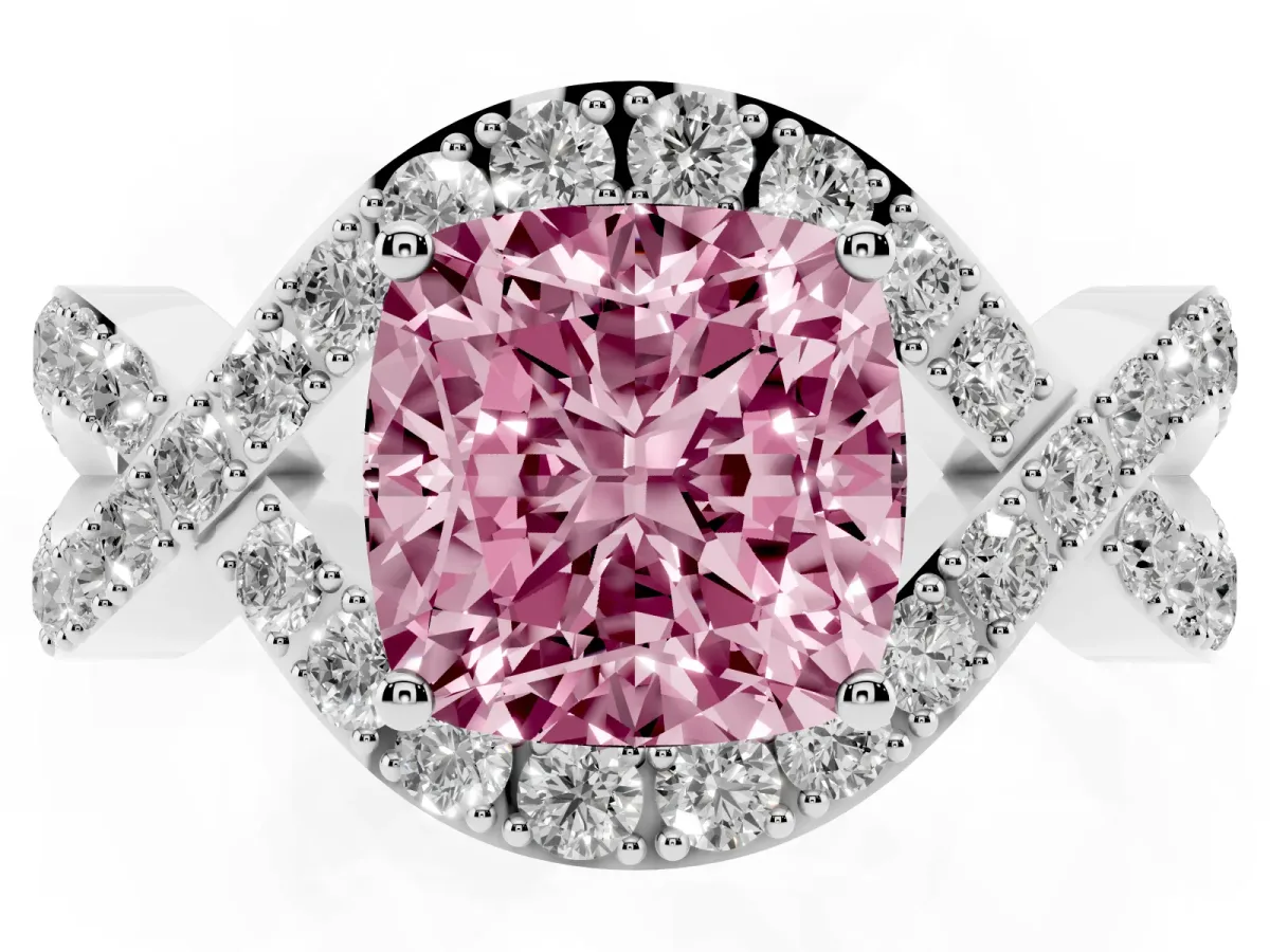 Fancy Pink Cushion Cut Solitaire Twist Band Pavé Diamond Engagement Ring Silver