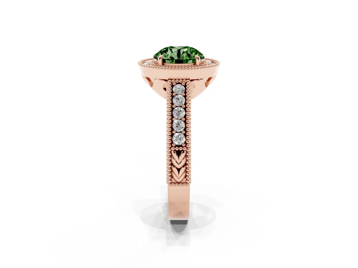 Fancy Green Round Cut Cut Halo Diamond Ring with Pavé Band and Four-Prong Setting Rose gold