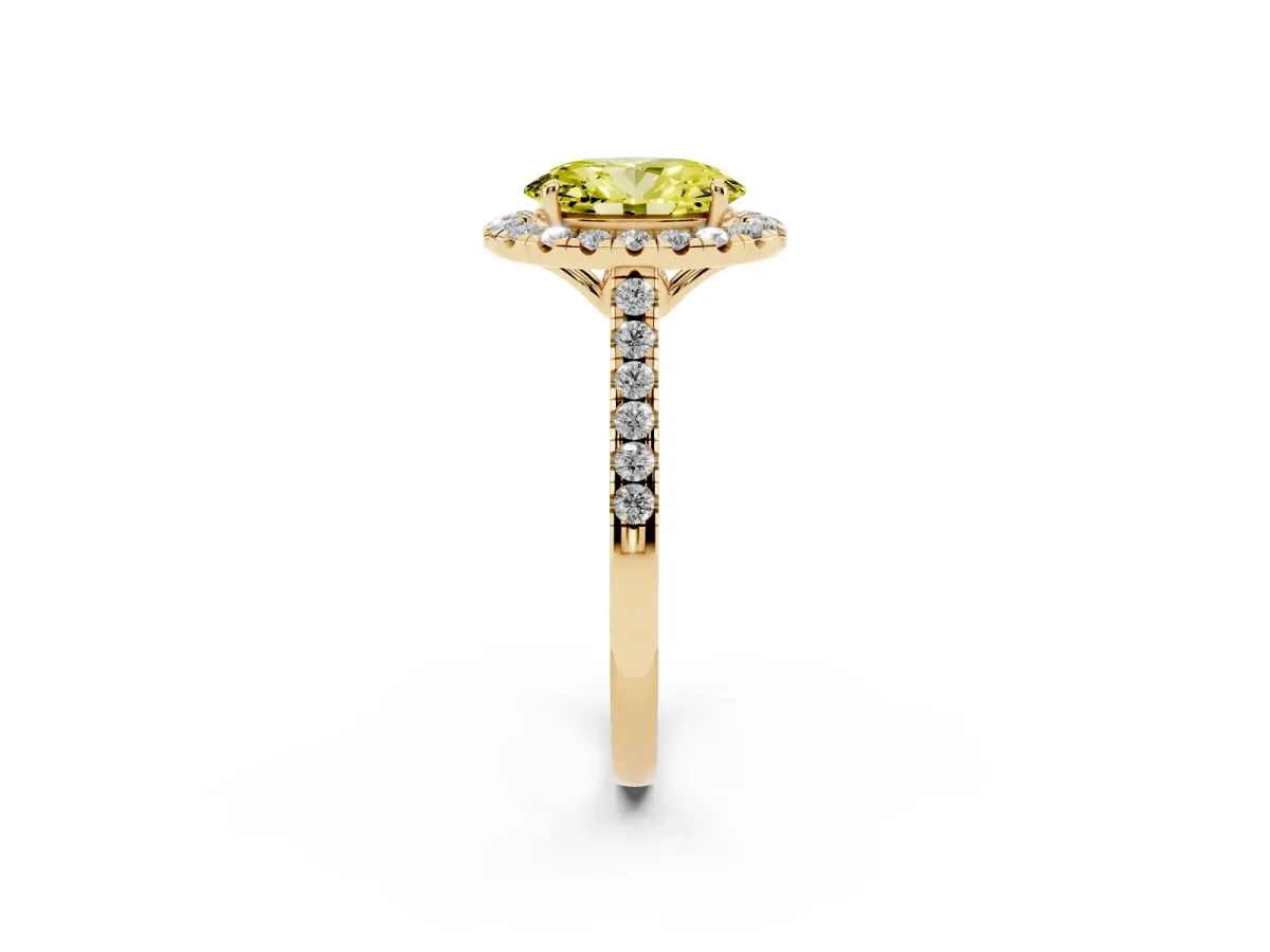 Fancy Yellow Oval Cut Halo Pavé Diamond Engagement Ring with Four-Prong Setting Yellow gold