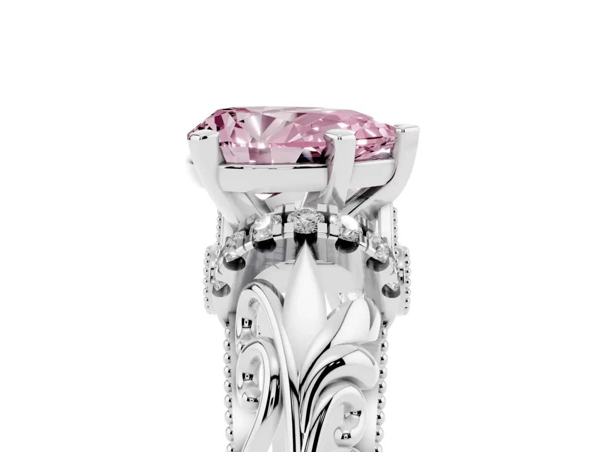 Fancy Pink Pear Cut Solitaire Filigree Engagement Ring with Halo and Prong Setting Silver