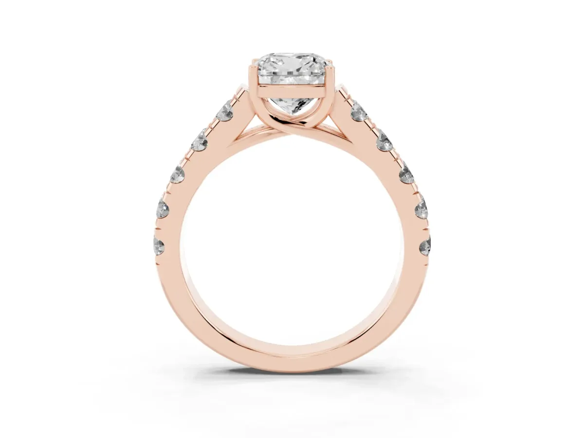 Cushion Cut Cut Diamond Solitaire Ring with Micro Pave Band and Prong Setting Rose gold