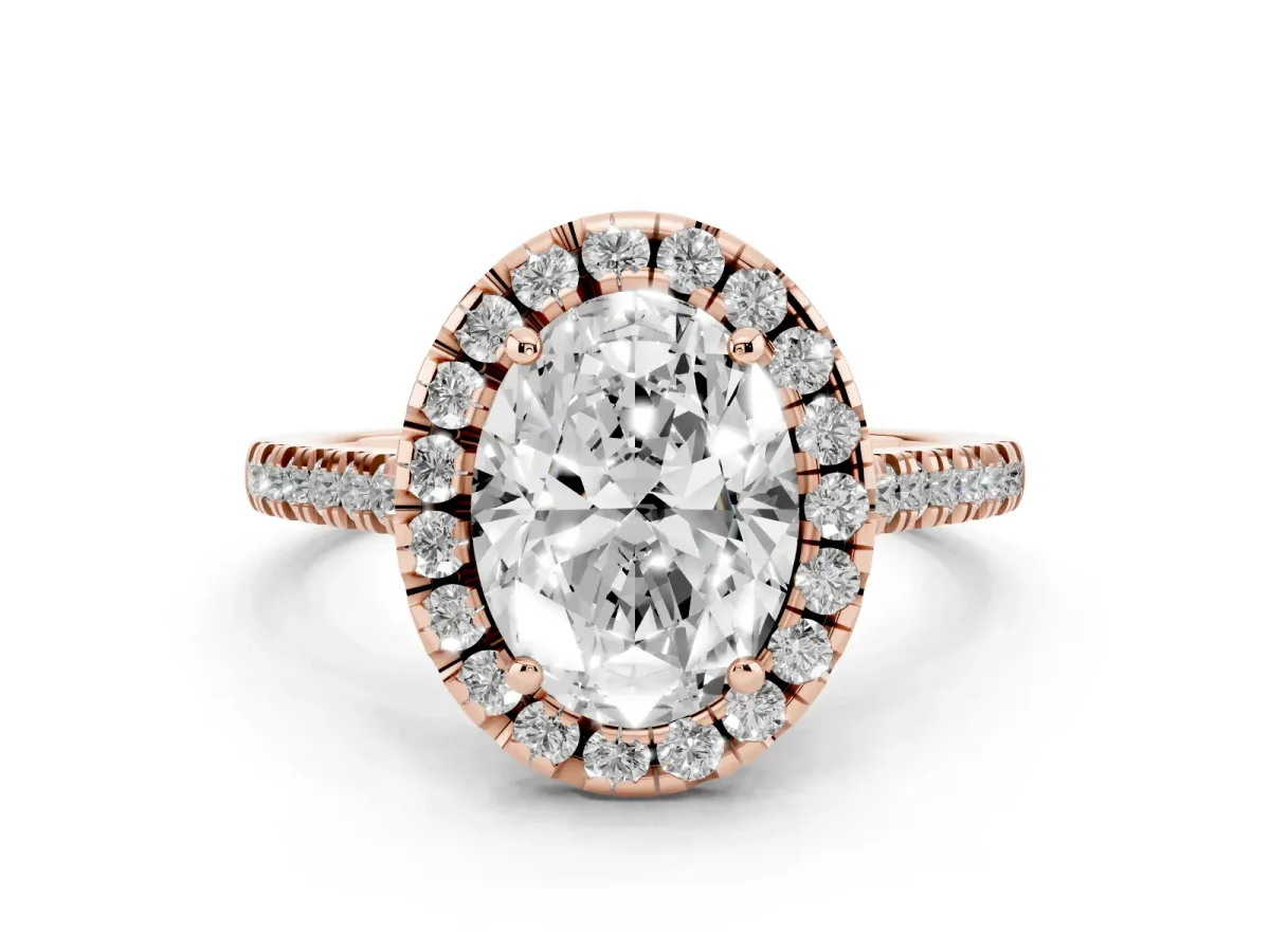 Oval Cut Diamond Cushion Halo Ring with Pavé Band Rose gold