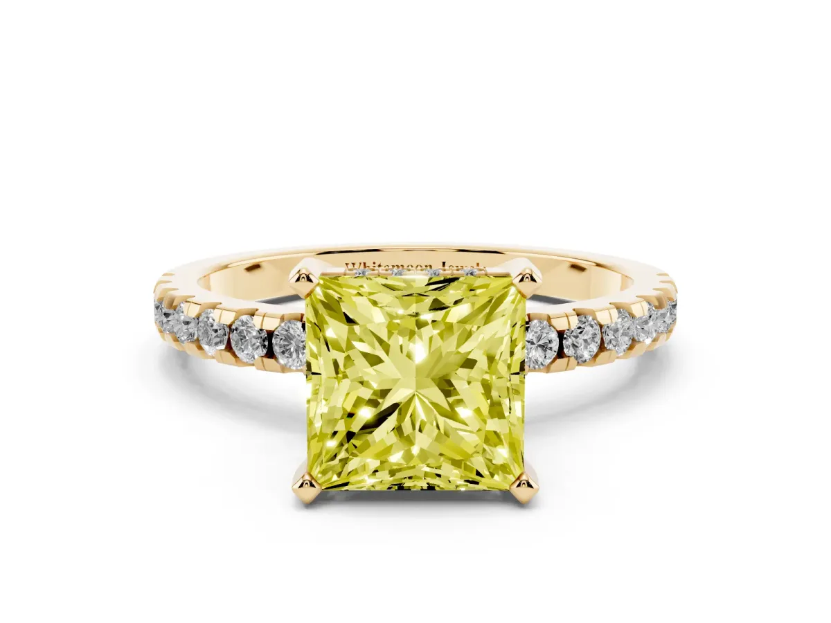 Fancy Yellow Princess Cut Diamond Solitaire Ring with Round Pavé Band and Four-Prong Setting Yellow gold