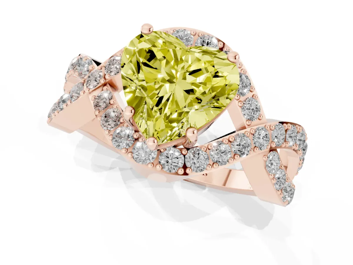 Fancy Yellow Heart Cut Solitaire Twist Band Pavé Diamond Engagement Ring Rose gold