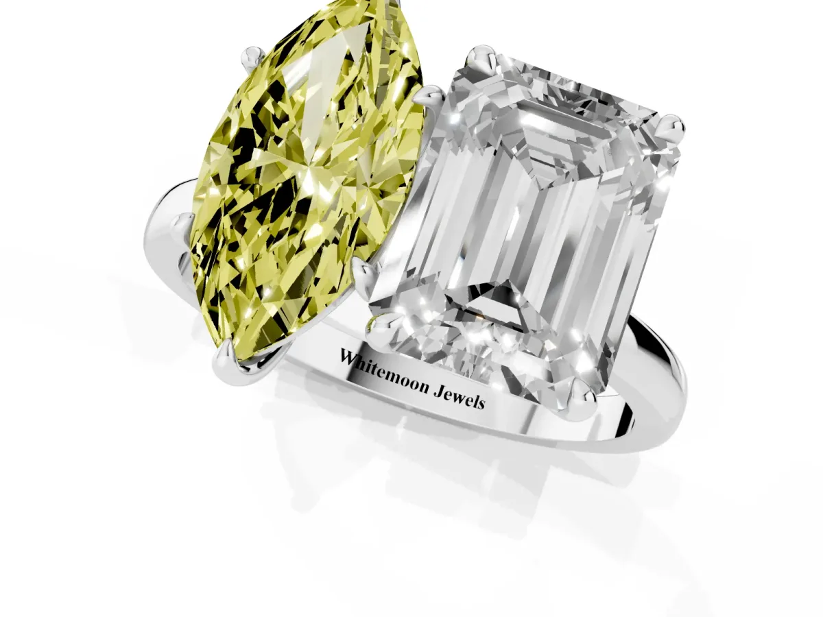 Fancy Yellow Marquise Cut and Emerald Cut Toi Moi Ring with Prong Setting Silver