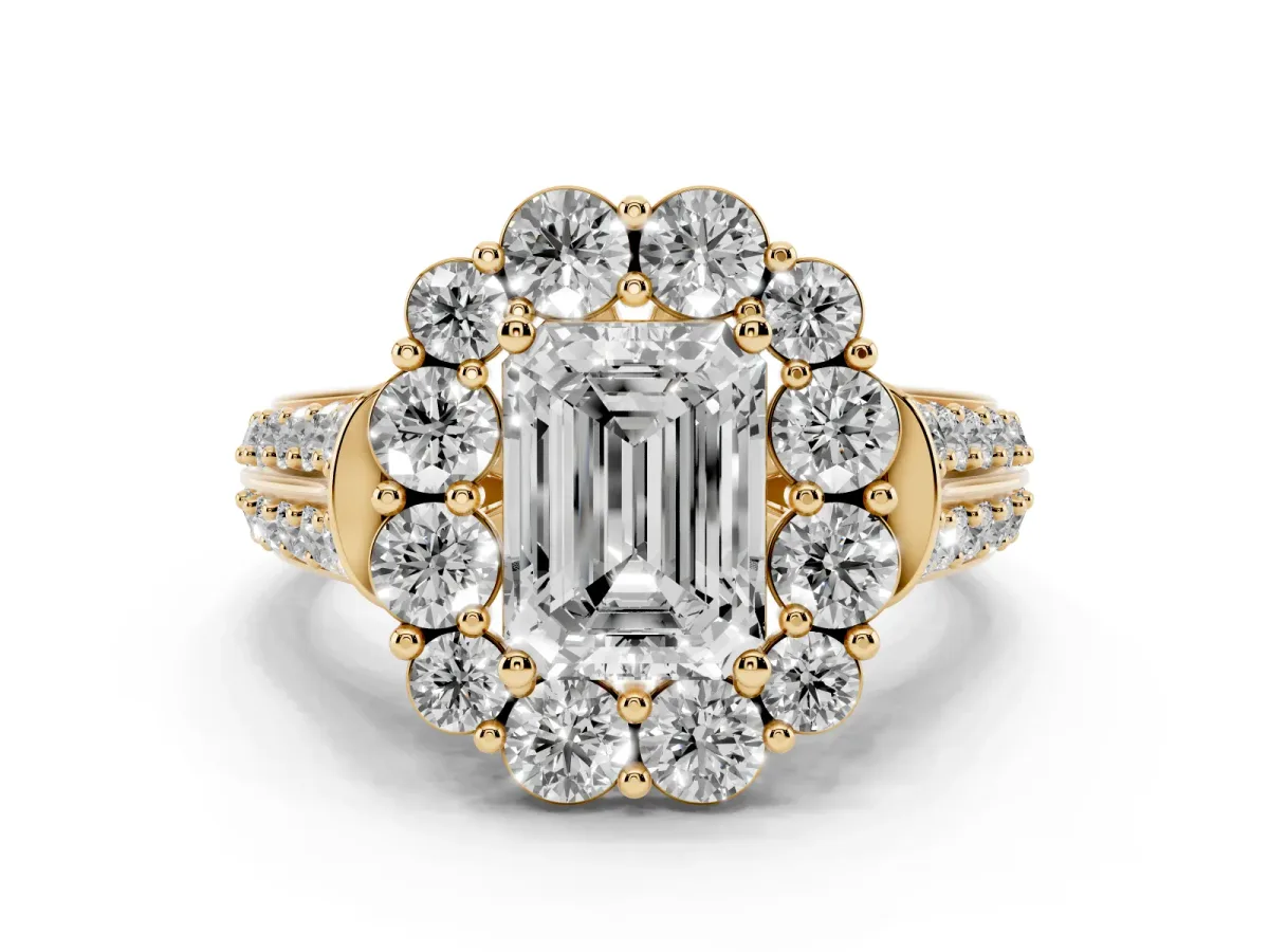 Emerald Cut Halo Diamond Engagement Ring with Split Shank and Prong Setting Yellow gold
