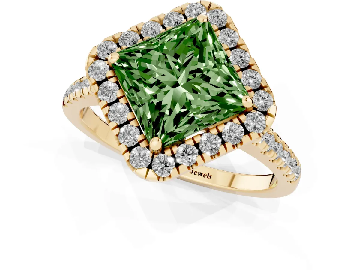 Fancy Green Princess Cut Diamond Cushion Halo Ring with Pavé Band Yellow gold