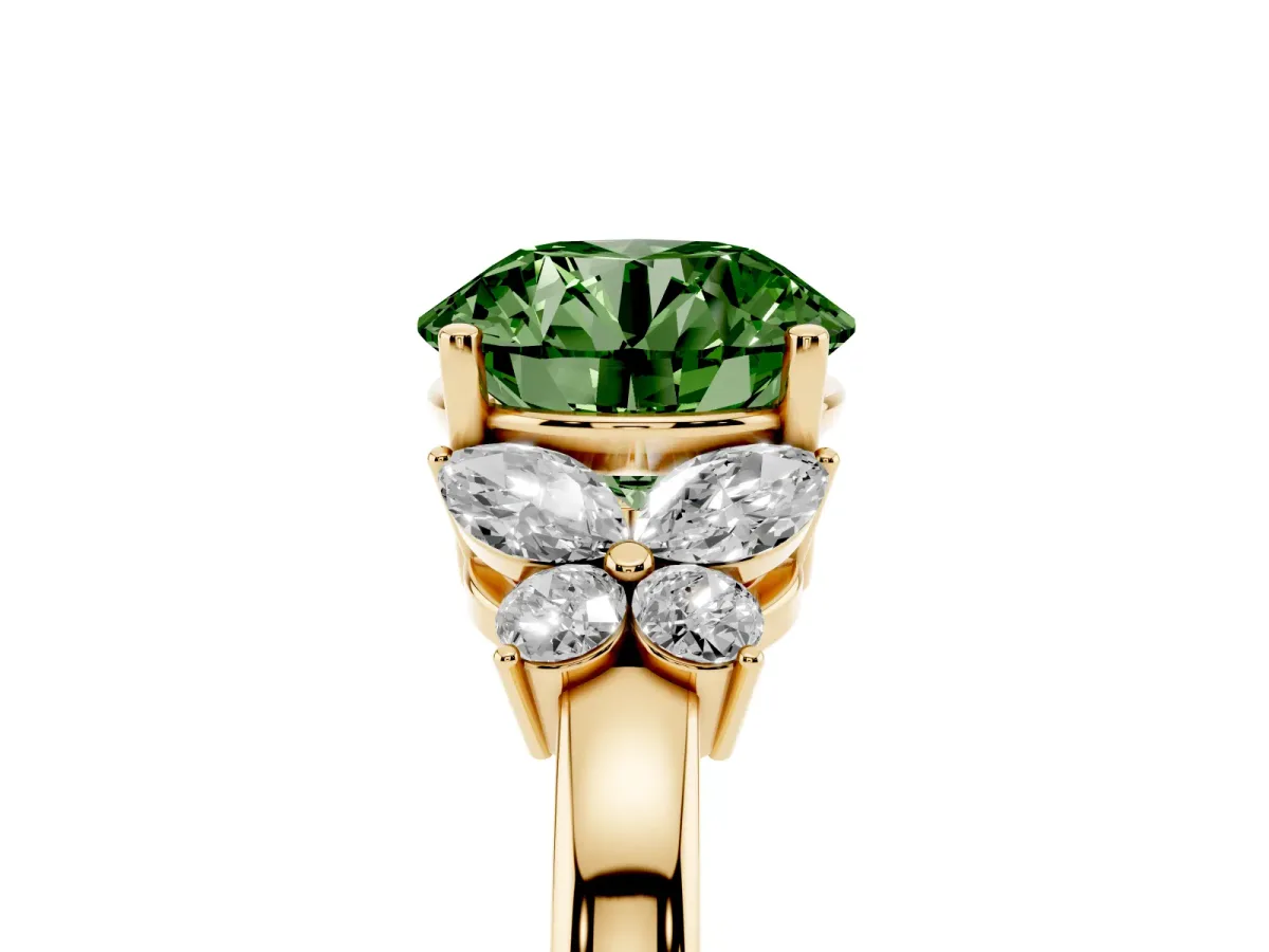 Fancy Green Round Cut Cut Solitaire Floral Diamond Ring with Four-Prong Setting Yellow gold