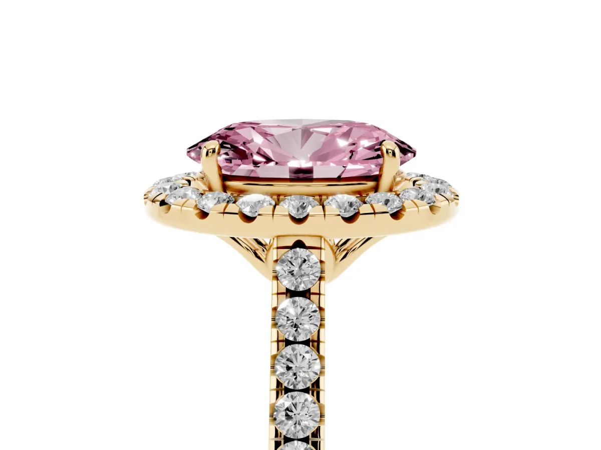Fancy Pink Oval Cut Halo Pavé Diamond Engagement Ring with Four-Prong Setting Yellow gold