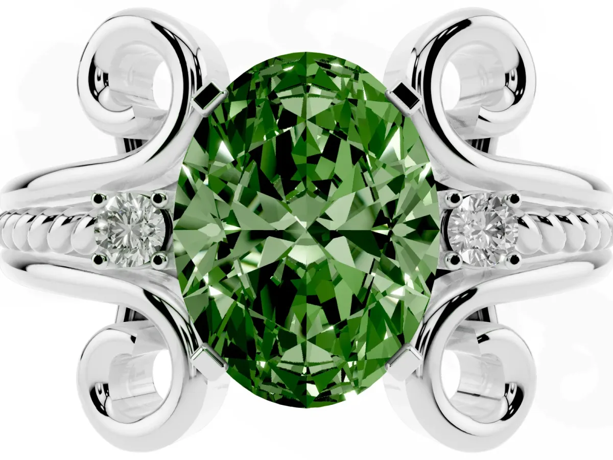 Fancy Green Oval Cut Solitaire Twisted Band Scroll Prong Ring White gold