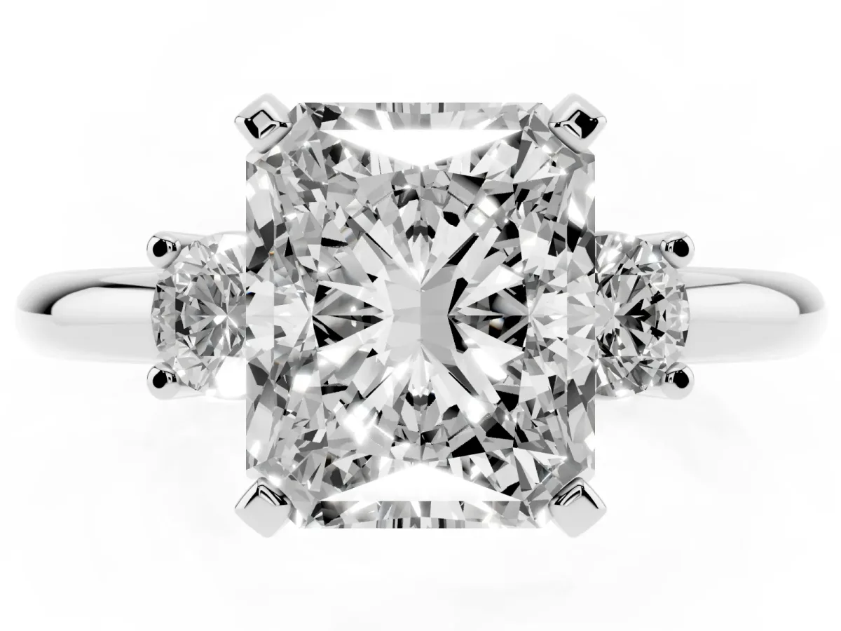 Three-Stone Radiant Cut Cut Diamond Solitaire with Prong Setting and Classic Band Silver