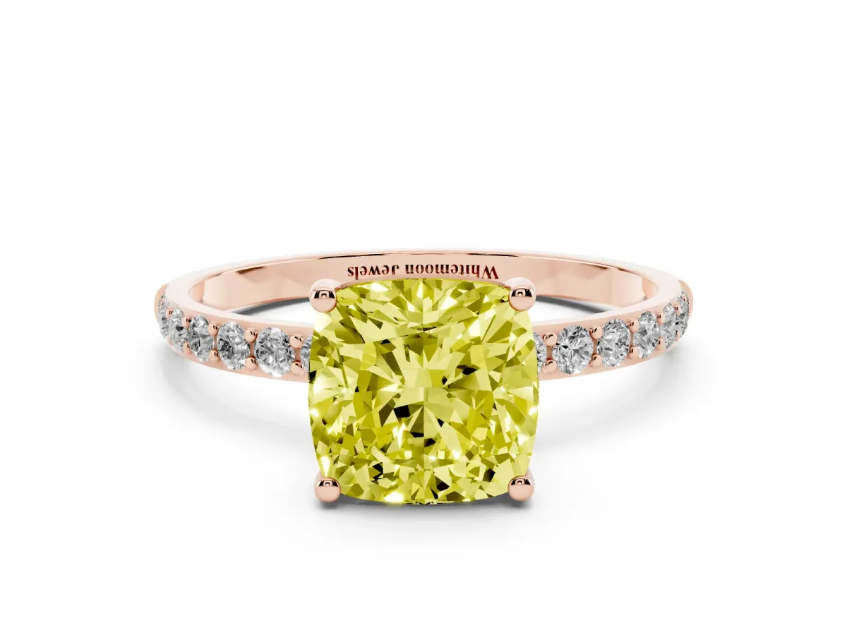 Fancy Yellow Cushion Cut Diamond Solitaire Ring with Round Pavé Shoulders and Prong Setting Rose gold
