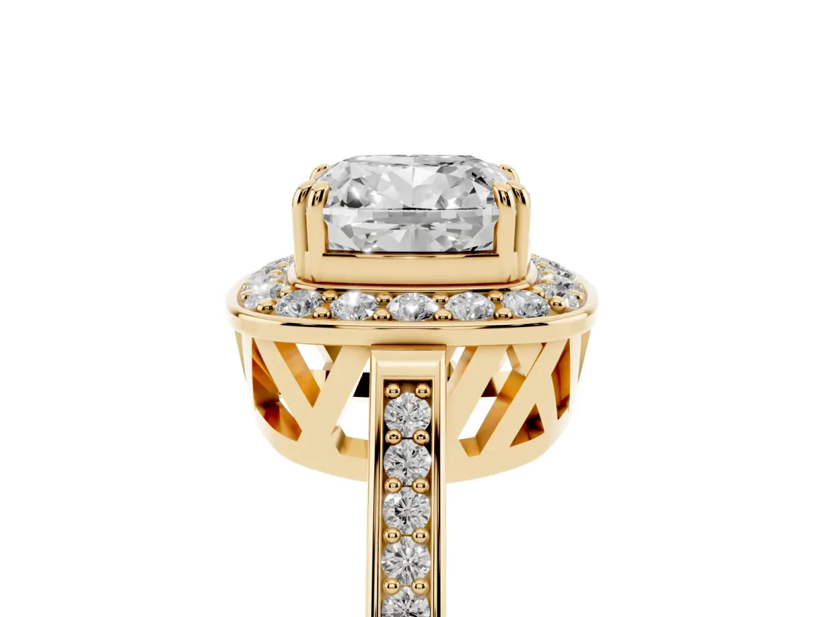 Cushion Cut Diamond Halo Ring with Split Shank and Four-Prong Setting Yellow gold
