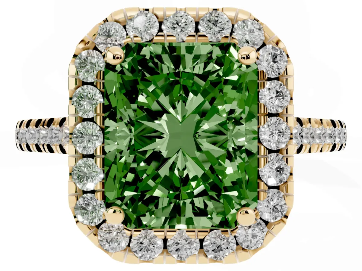 Fancy Green Radiant Cut Diamond Cushion Halo Ring with Pavé Band Yellow gold