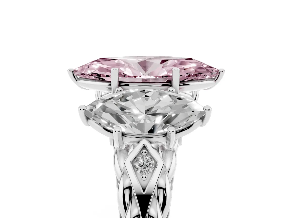 Fancy Pink Three-Stone Marquise Cut Diamond Braided Band Ring with Four-Prong Setting Platinum