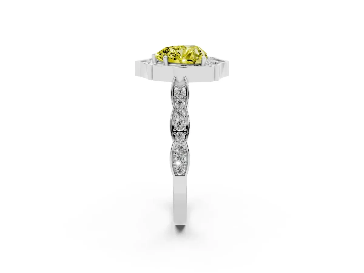 Fancy Yellow Heart Cut Halo Diamond Engagement Ring with Milgrain Band and Four-Prong Setting White gold