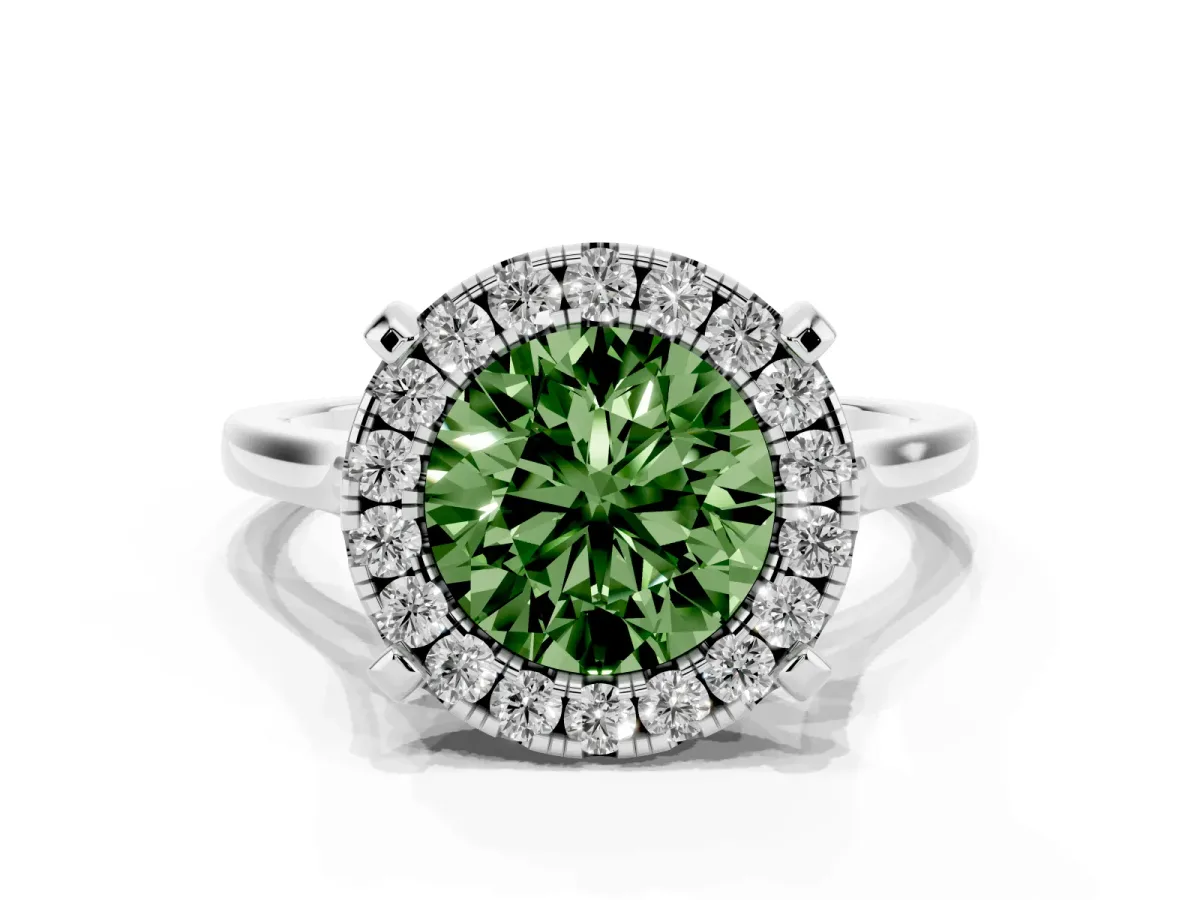 Fancy Green Round Cut Diamond Cluster Halo Solitaire with Four-Prong Setting Platinum