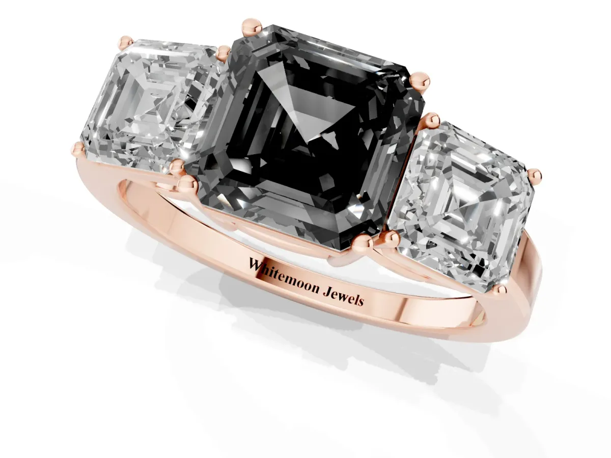 Fancy Black Three-Stone Asscher Cut Cut Diamond Engagement Ring with Flat Band and Four-Prong Setting Rose gold