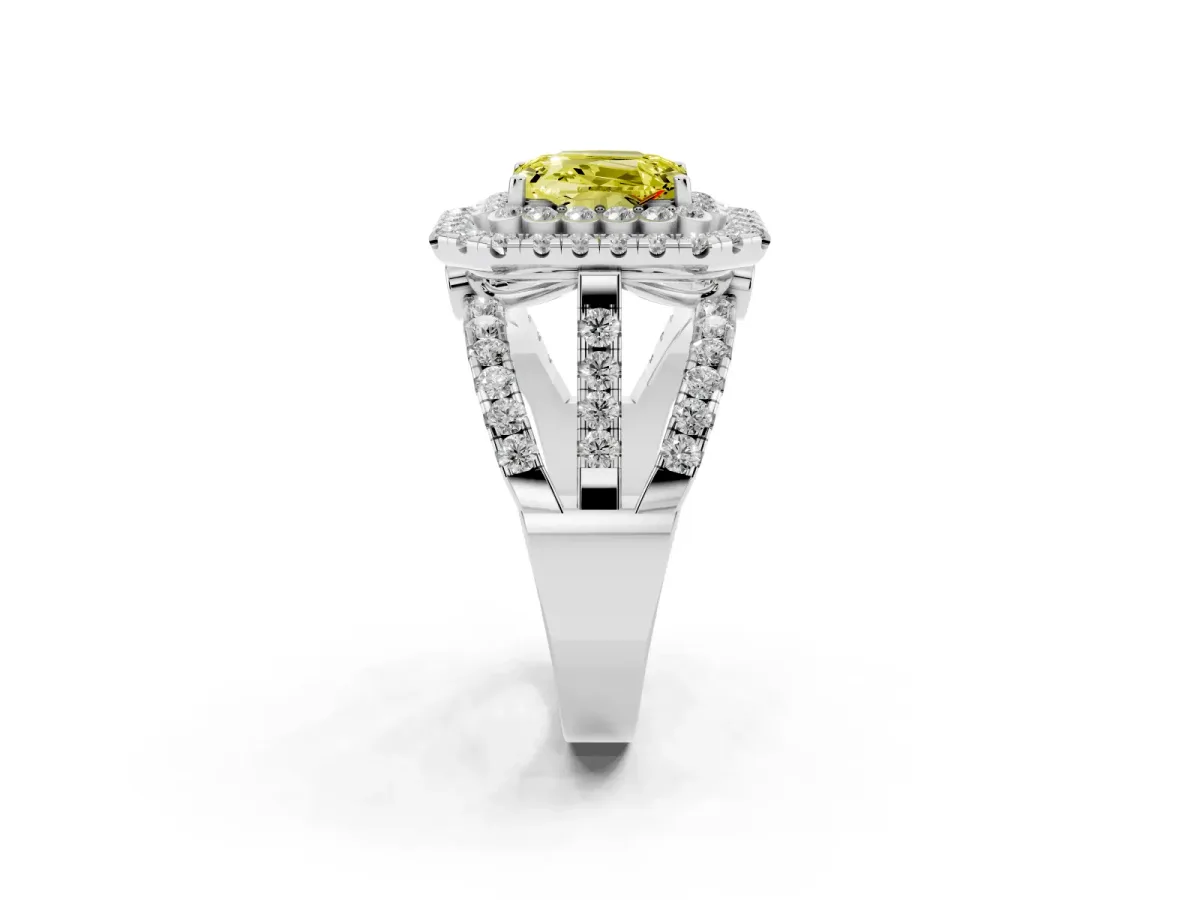 Fancy Yellow Emerald Cut Diamond Double Halo Ring with Round Pavé Split Shank and Prong Setting Silver