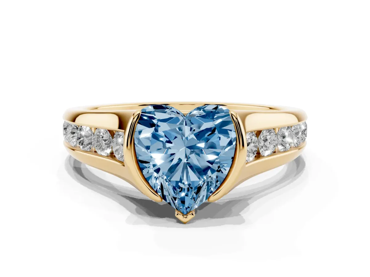 Fancy Blue Heart Cut Solitaire Bezel-Set Diamond Ring with Channel-Set Band Yellow gold