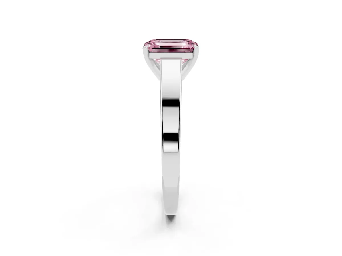 Fancy Pink Emerald Cut Solitaire Engagement Ring with Four-Prong Setting and Tapered Band Silver