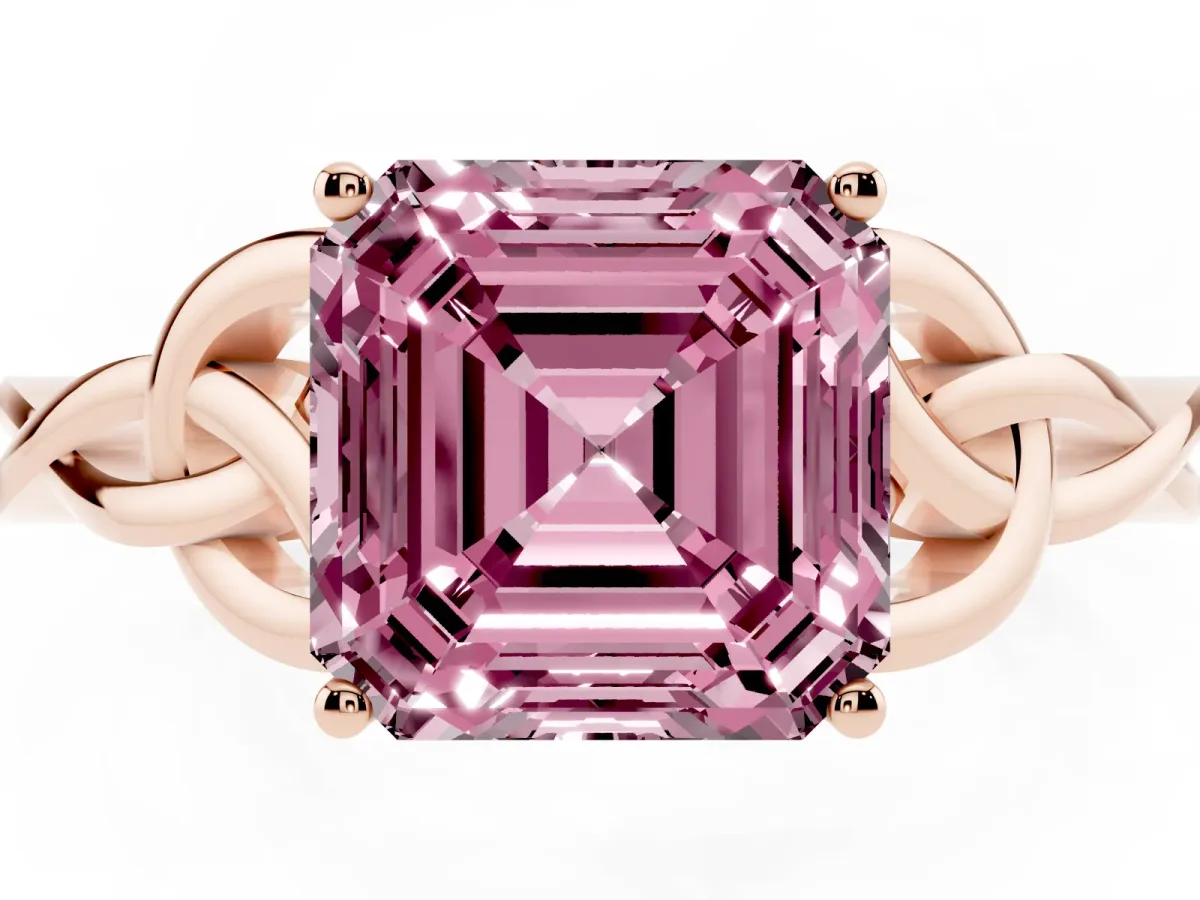 Fancy Pink Asscher Cut Diamond Solitaire Engagement Ring with Celtic Knot Band and Four-Prong Setting Rose gold