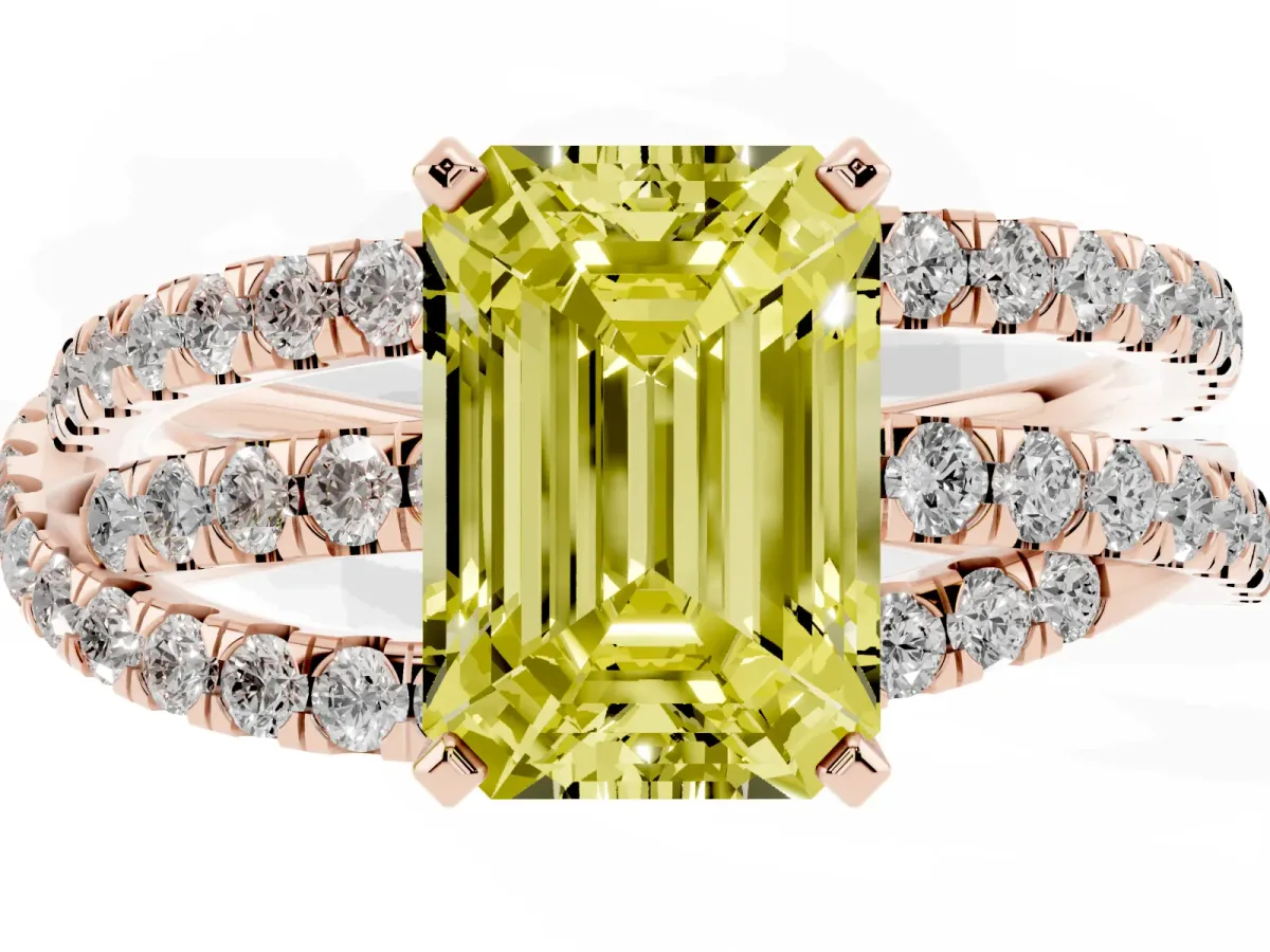 Fancy Yellow Emerald Cut Solitaire Twist Band with Pavé Setting and Four-Prong Setting Rose gold