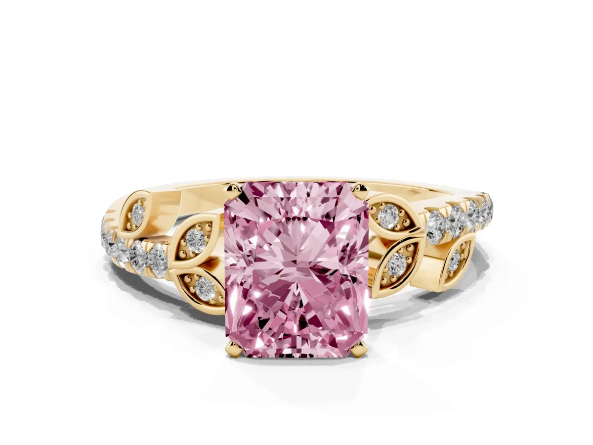 Fancy Pink Radiant Cut Solitaire Leaf-Inspired Diamond Ring with Pavé Band and Four-Prong Setting Yellow gold
