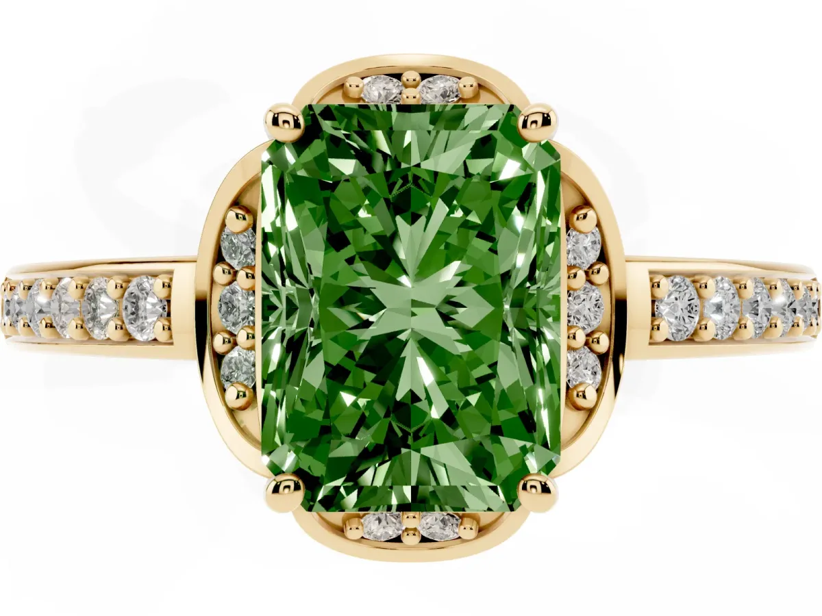 Fancy Green Radiant Cut Cut Halo Diamond Ring with Channel Set Band and Four-Prong Setting Yellow gold