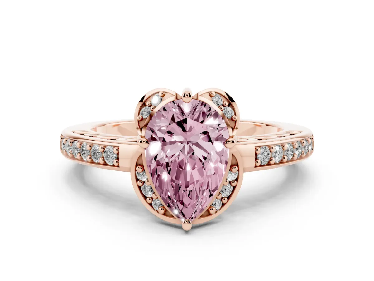 Fancy Pink Pear Cut Cut Halo Diamond Ring with Channel Set Band and Four-Prong Setting Rose gold