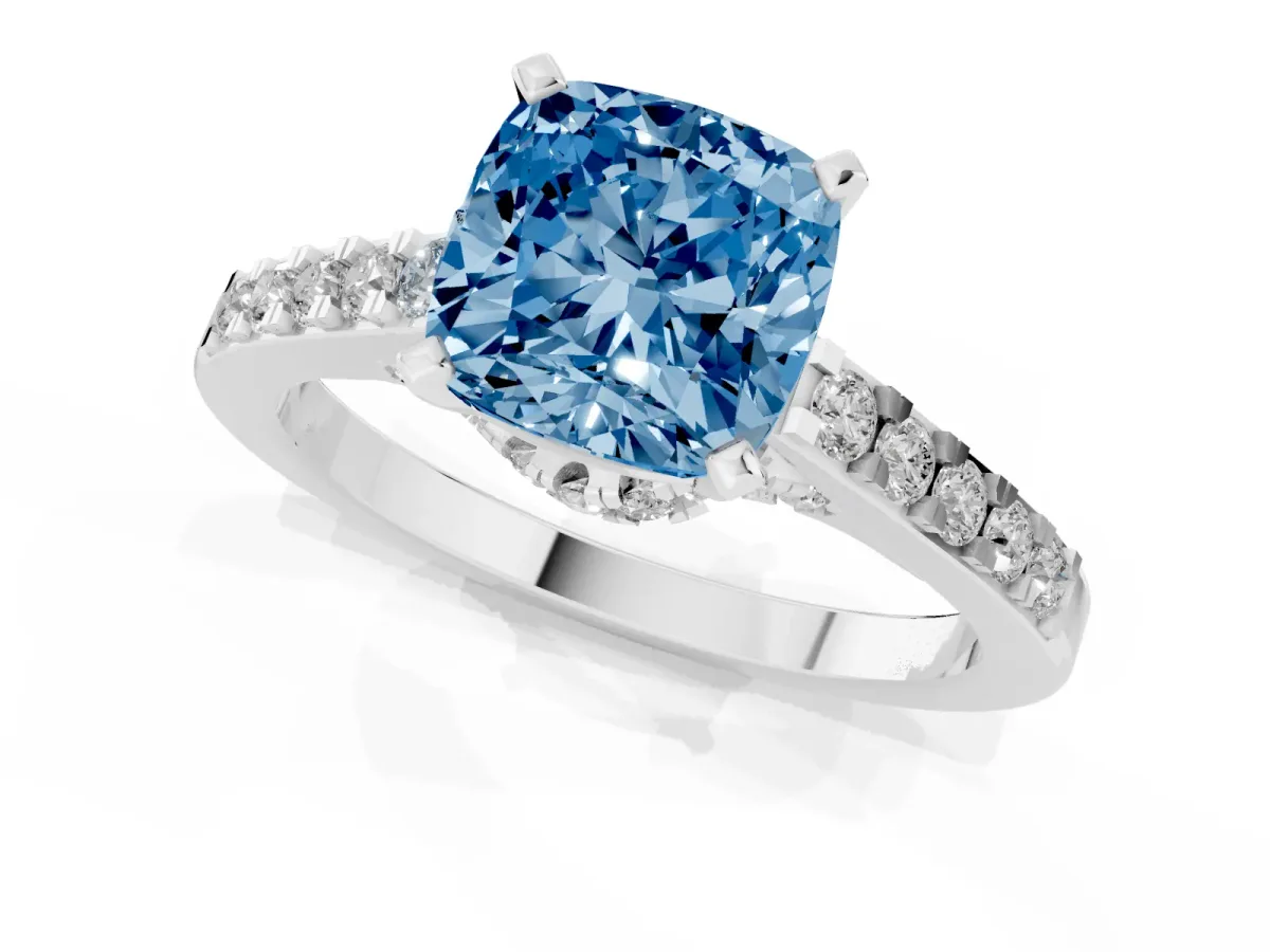 Fancy Blue Cushion Cut Diamond Solitaire Ring with Crossover Gallery and Round Pavé Band Silver