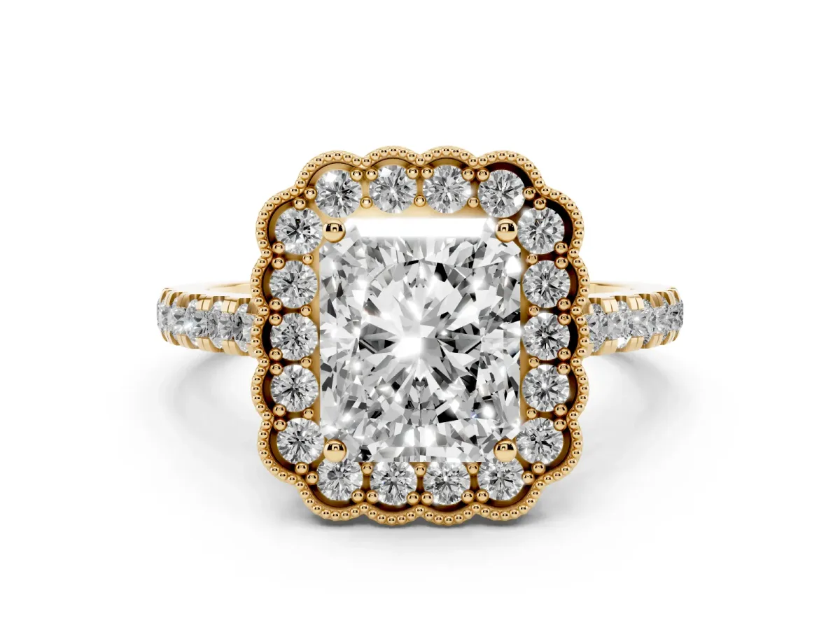 Radiant Cut Cut Diamond Milgrain Floral Halo Engagement Ring with Pavé Band Yellow gold