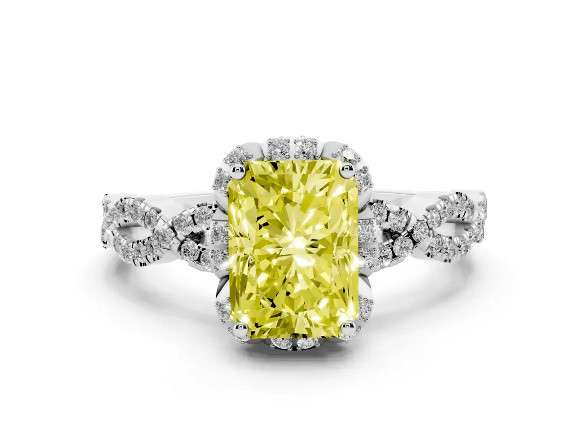 Fancy Yellow Radiant Cut Halo Twist Band Solitaire Ring with Six-Prong Setting Platinum