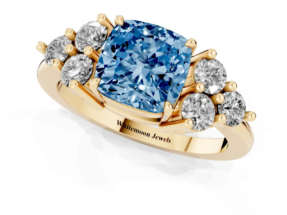 Fancy Blue Cushion Cut Brilliant Diamond Cluster Accent Solitaire Ring with Prong Setting Yellow gold