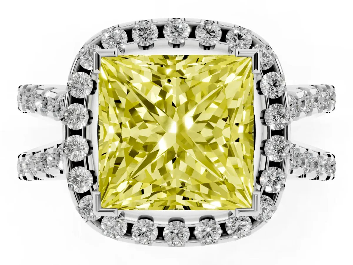 Fancy Yellow Princess Cut Diamond Halo Ring with Split Shank Pavé Band and Prong Setting White gold