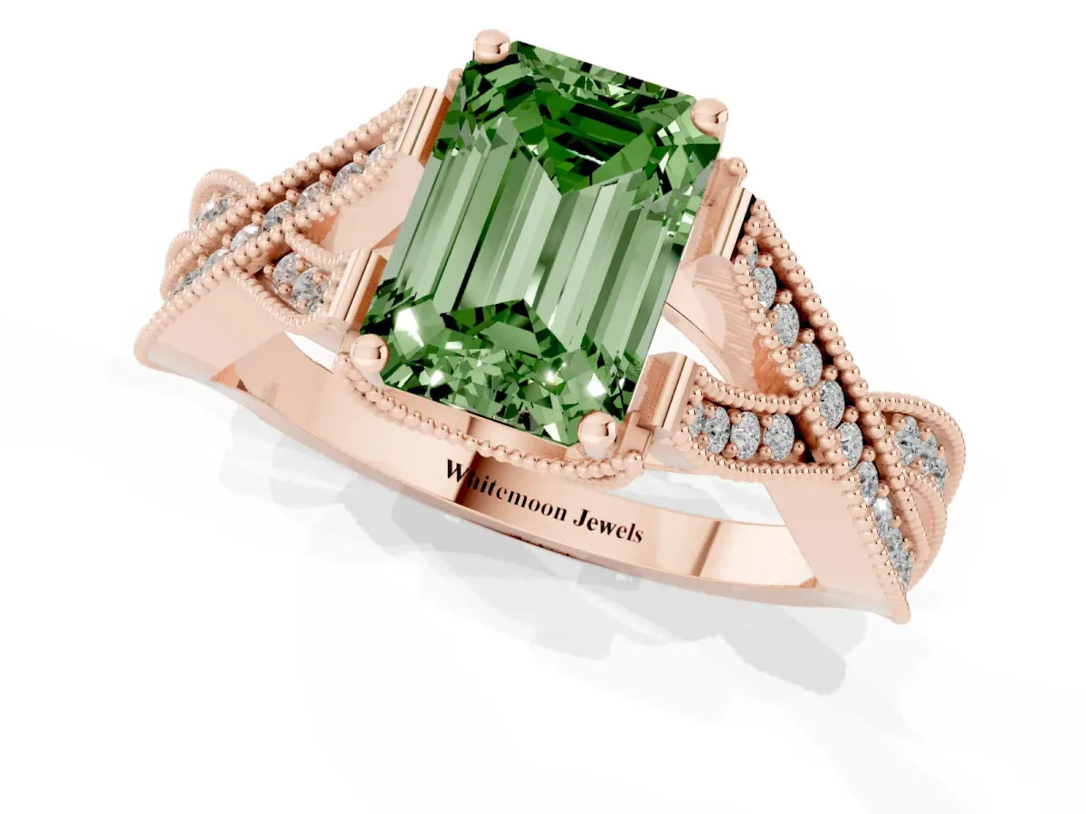 Fancy Green Emerald Cut Cut Diamond Twisted Band with Milgrain Pave Setting and Four-Prong Setting Rose gold
