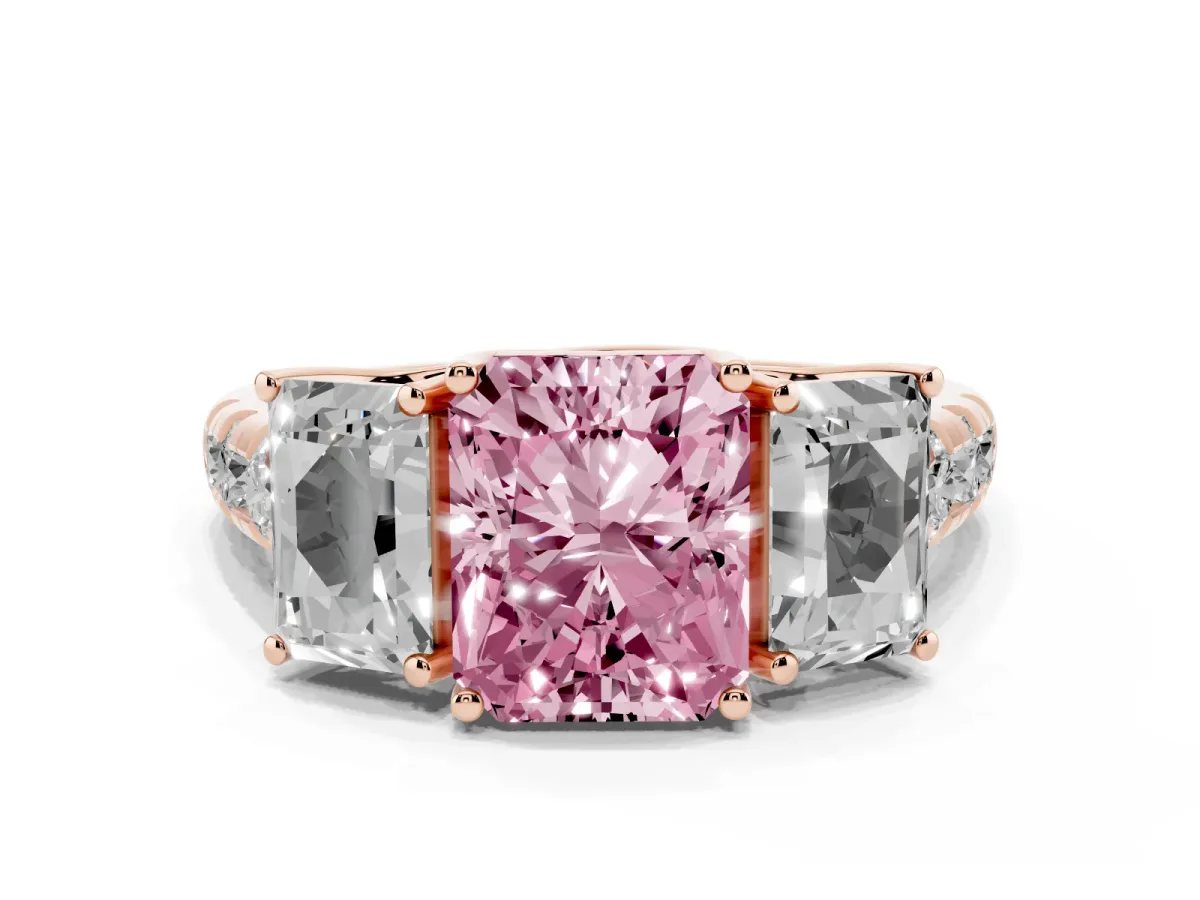 Fancy Pink Three-Stone Radiant Cut Diamond Pavé Band with Prong Setting Rose gold