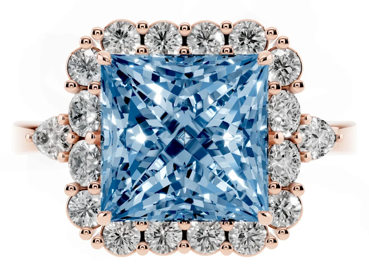 Fancy Blue Princess Cut Diamond Halo Ring with Pear Side Stones and Prong Setting Rose gold