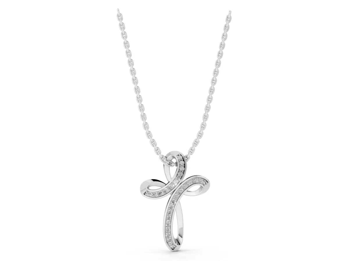 Pavé Round Diamond Prong Cross Pendant Silver