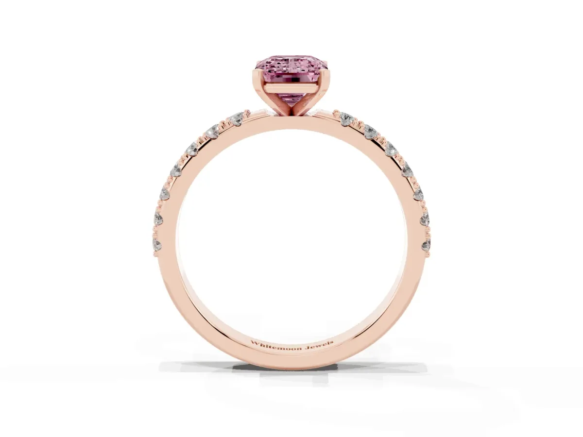 Fancy Pink Emerald Cut Diamond Solitaire Pavé Band with Four-Prong Setting Rose gold