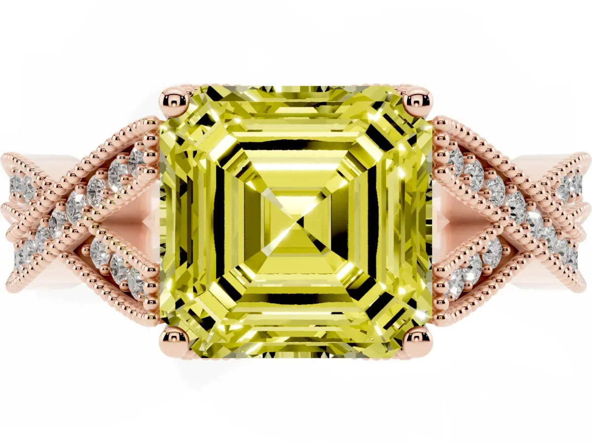 Fancy Yellow Asscher Cut Cut Diamond Twisted Band with Milgrain Pave Setting and Four-Prong Setting Rose gold