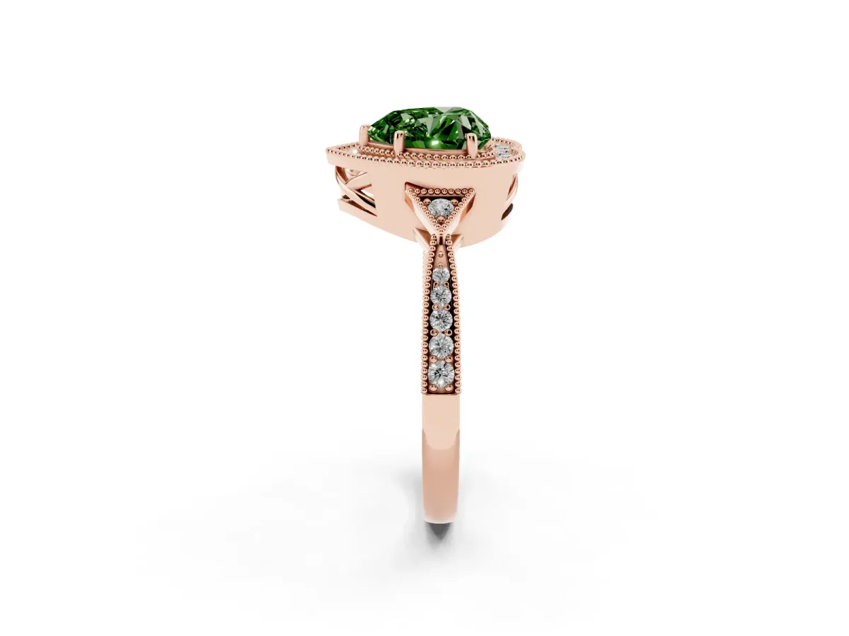 Fancy Green Heart Cut Halo Round Diamond Milgrain Pave Engagement Ring Rose gold