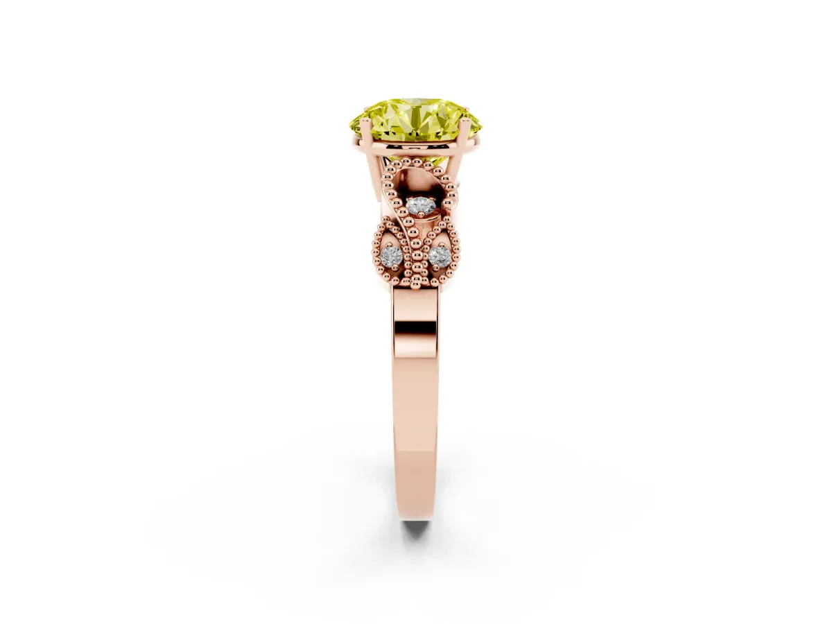 Fancy Yellow Round Cut Solitaire Milgrain Leaf Band with Prong Setting Rose gold