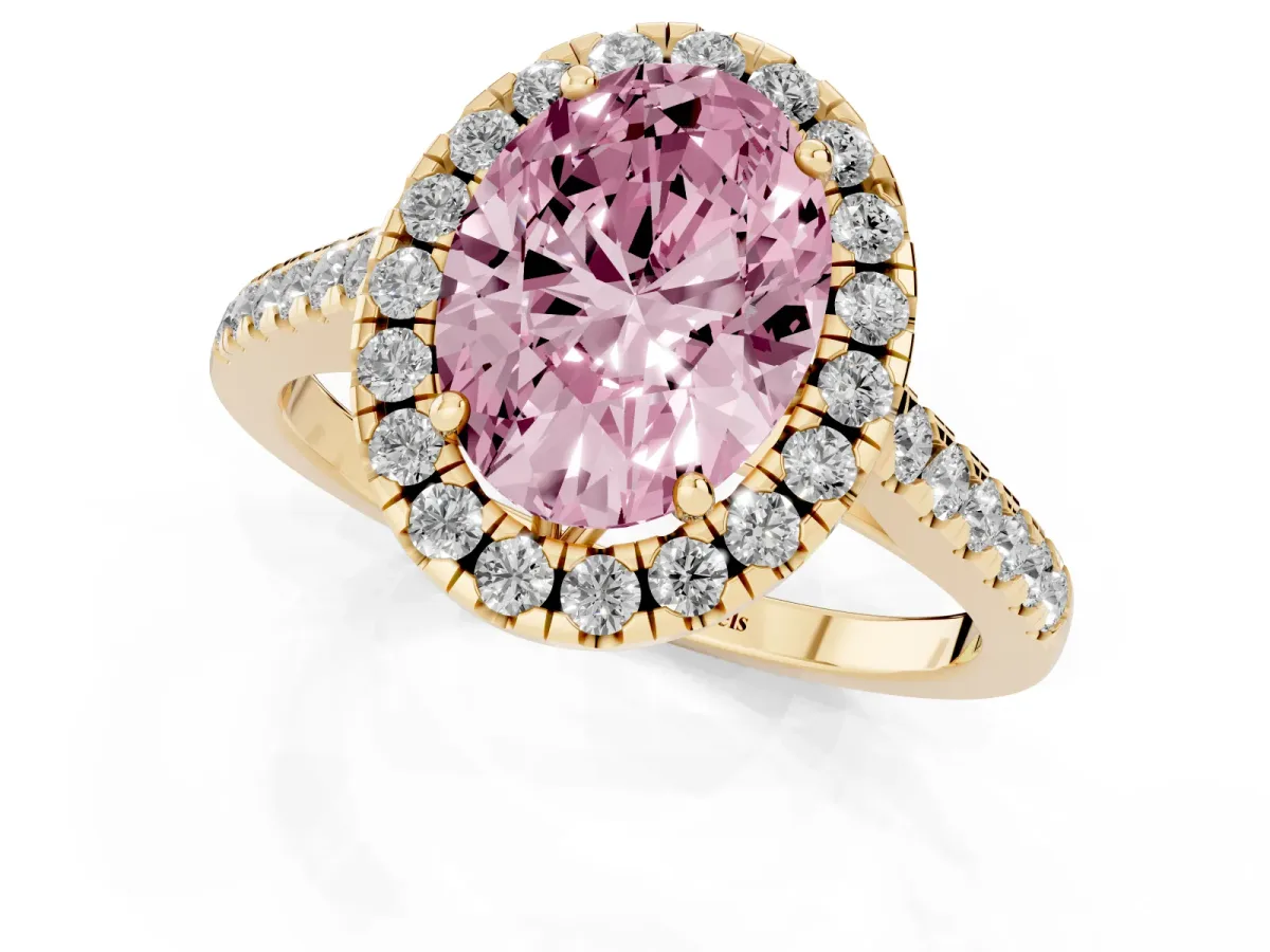 Fancy Pink Oval Cut Halo Pavé Diamond Engagement Ring with Four-Prong Setting Yellow gold