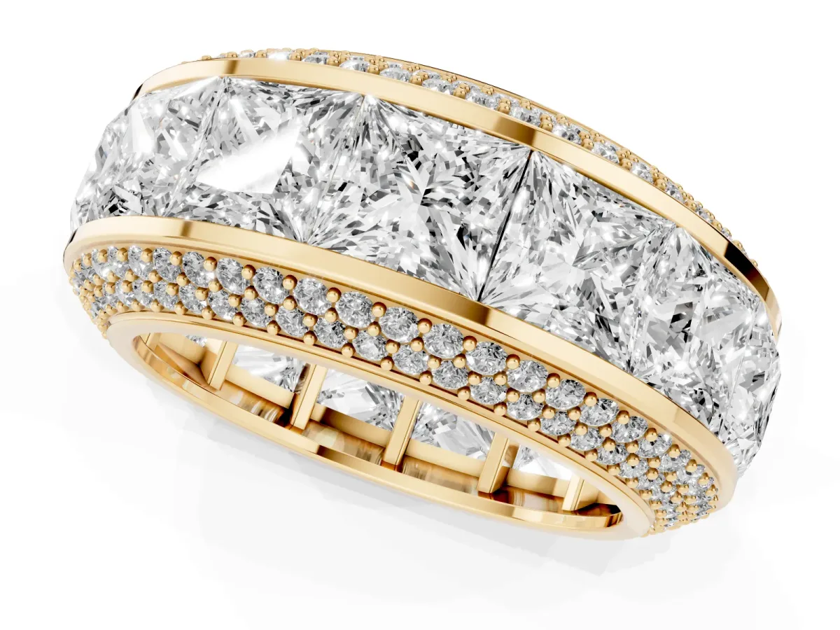 Princess Diamond Pavé Mens Wedding Band with Round Diamond Accents Yellow gold