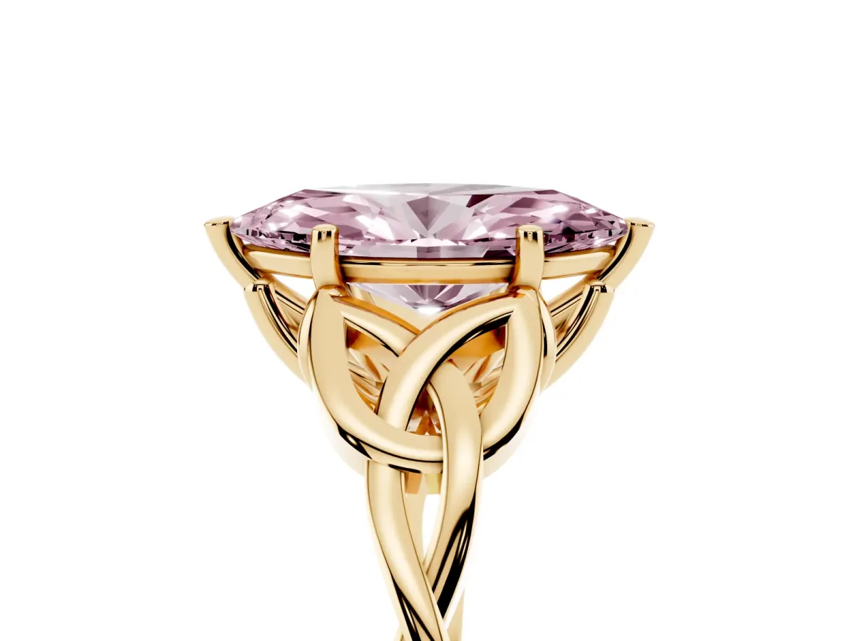 Fancy Pink Marquise Cut Diamond Solitaire Engagement Ring with Celtic Knot Band and Four-Prong Setting Yellow gold