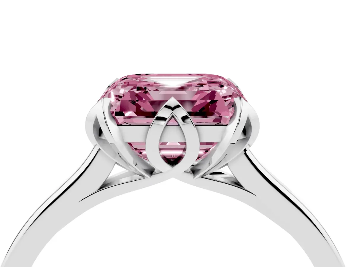 Fancy Pink Asscher Cut Diamond Solitaire Ring with Flower Prong Setting and Classic Band Silver