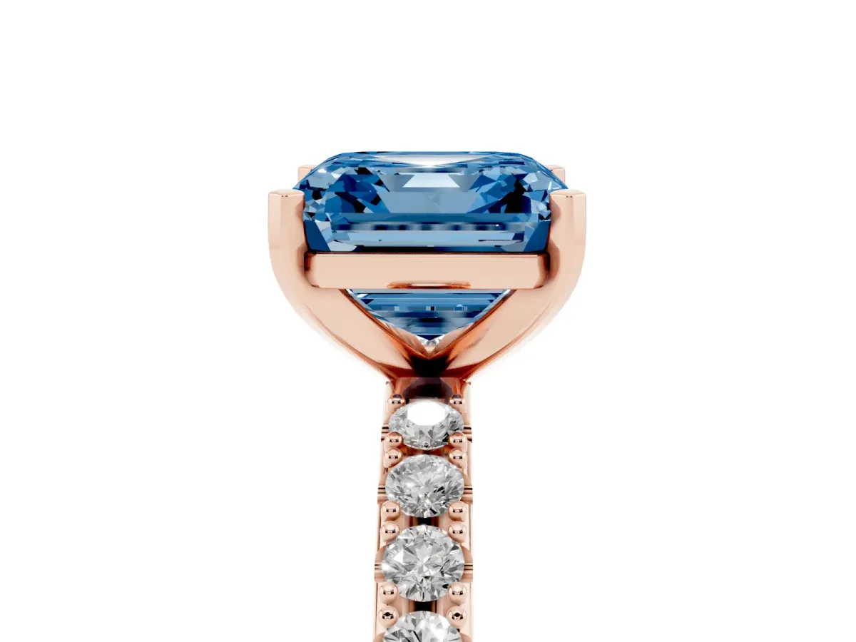 Fancy Blue Asscher Cut Diamond Solitaire Pavé Band with Four-Prong Setting Rose gold