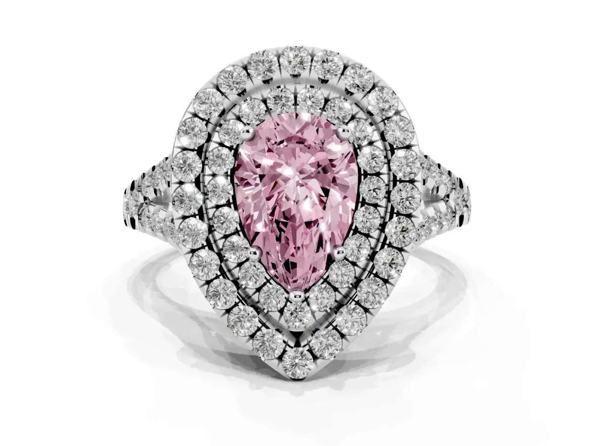 Fancy Pink Double Halo Pear Cut Diamond Pavé Split Shank Ring with Prong Setting White gold